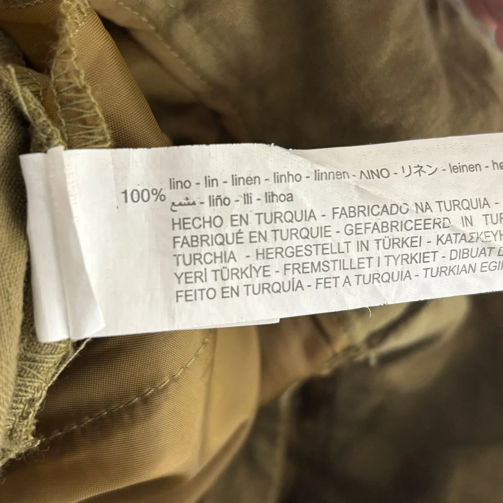 Zara Linen Wide Leg Crop Pant Woman XL Olive Green Paperbag Waist Belted